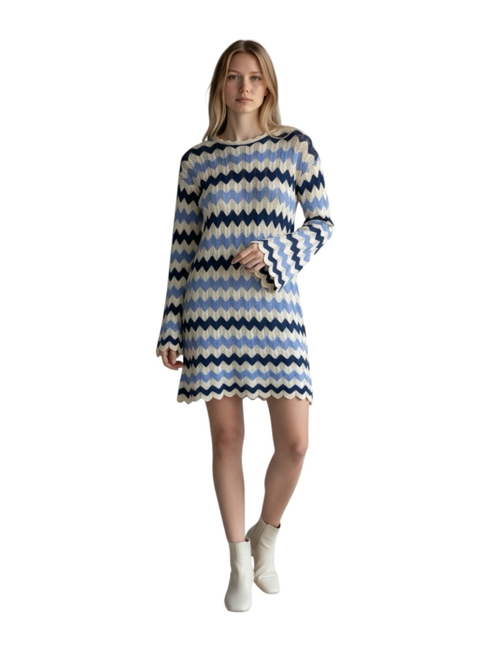 C&C California Crochet Knit Dress XS Navy Blue Cream Chevron Long Sleeve